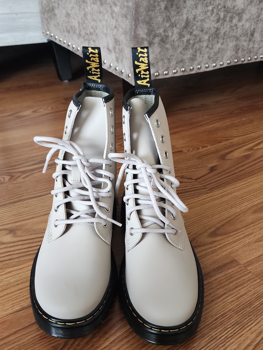 Dr. Martens Women's Cream Lace-Up Combat Boots with Black Trim